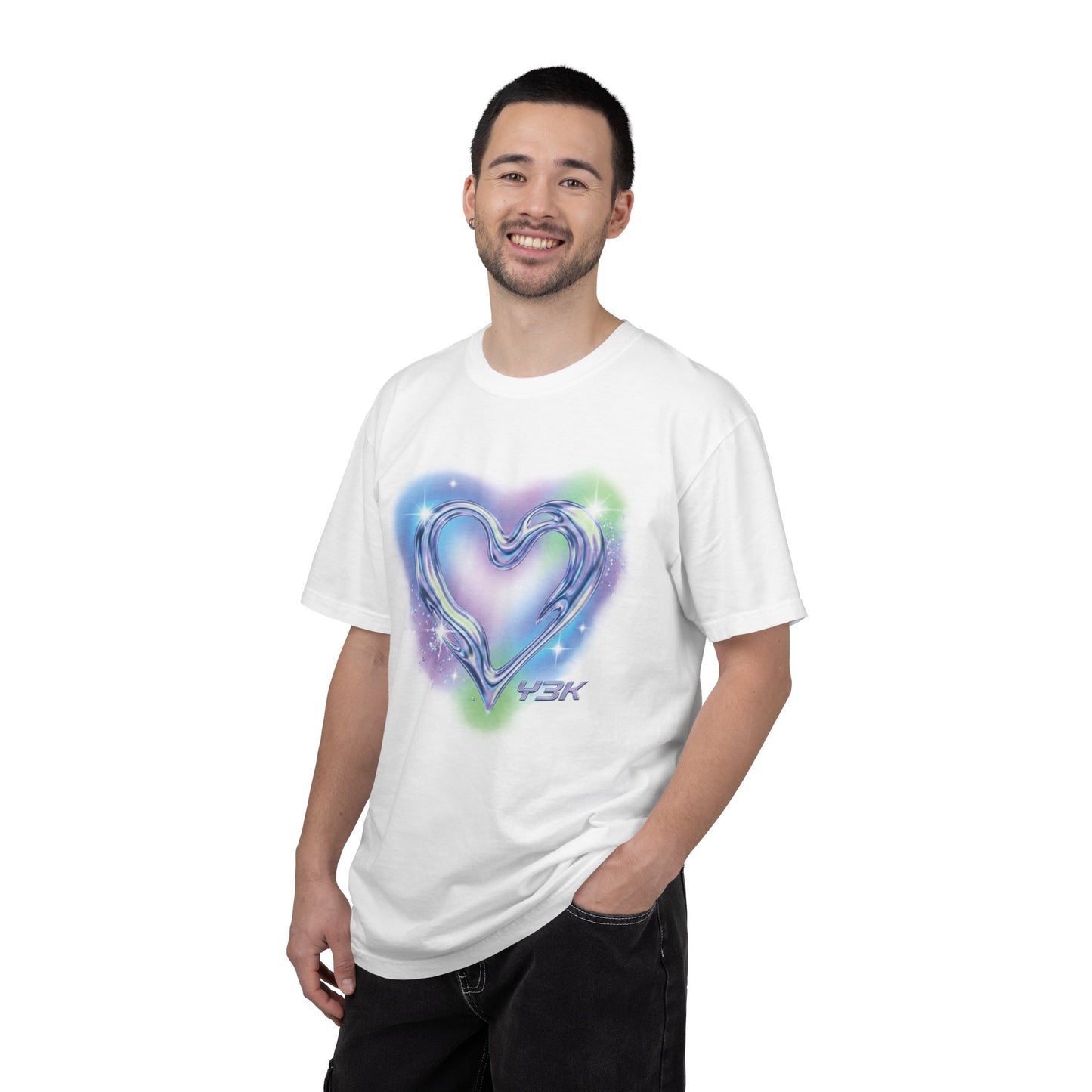 Y3K Liquid Chrome Heart Heavyweight T-Shirt | Cyberpunk Airbrush Aura Graphic Tee