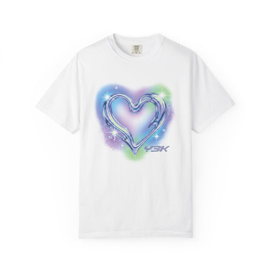Y3K Liquid Chrome Heart Heavyweight T-Shirt | Cyberpunk Airbrush Aura Graphic Tee
